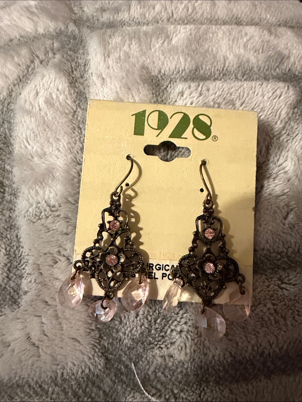 1928 Antique Bronze Filigree Earrings with Pink Crystal Drops